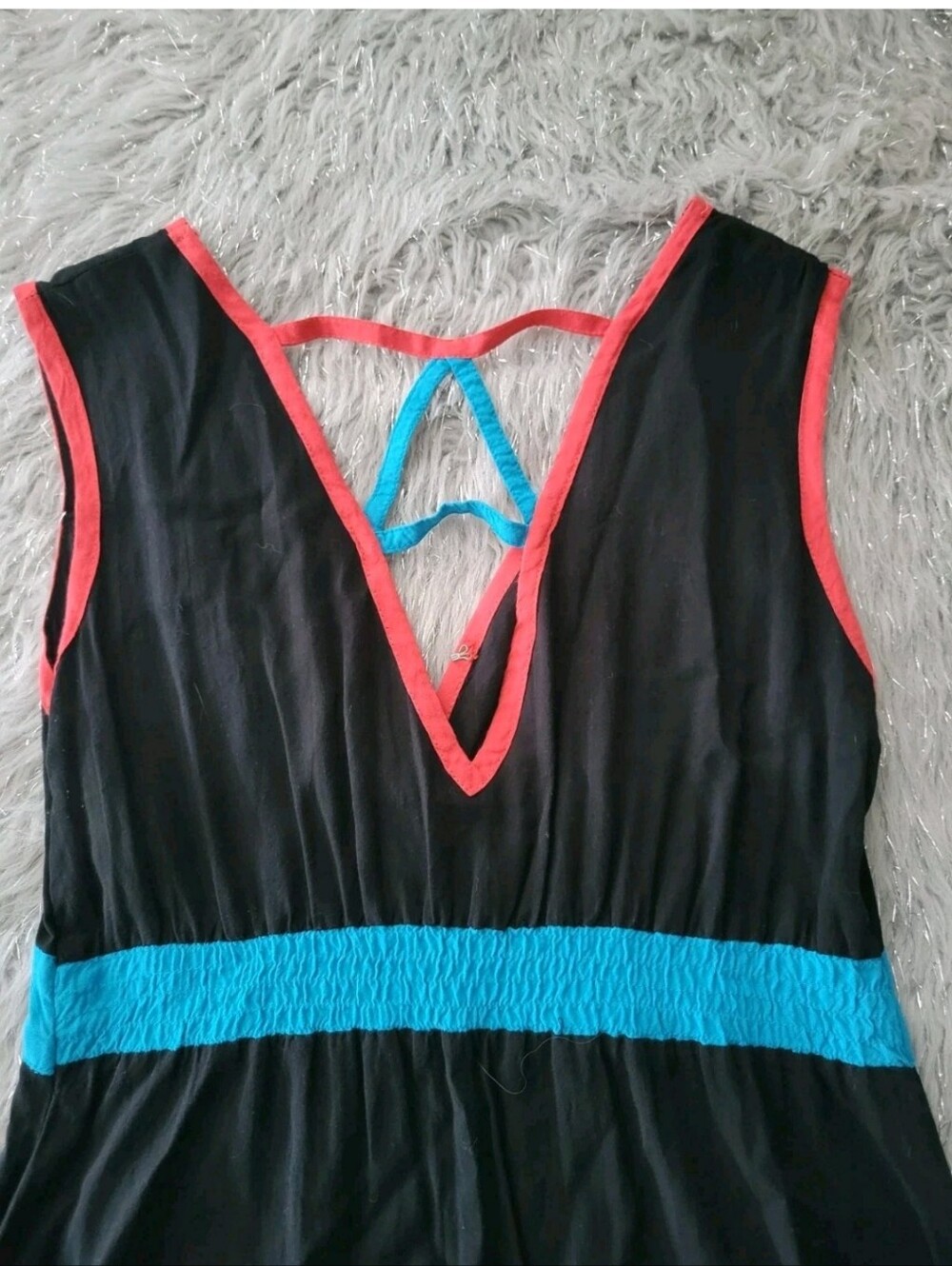 Vintage Y2k 90s 80s Black Neon Midi Sleeveless Dress Empire Waist Geometric M - Picture 6 of 8